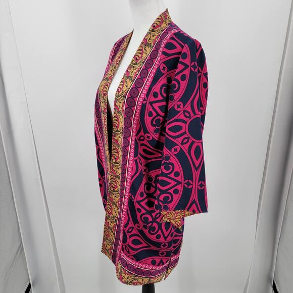 Chico's Reversible Kimono Womens Medium Pink Blue Gold Mixed Print Open Front - Picture 3 of 14